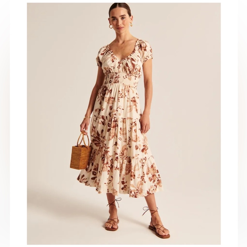 EUC Abercrombie Cap Sleeve Smocked Waist Midi Dress in Brown Floral